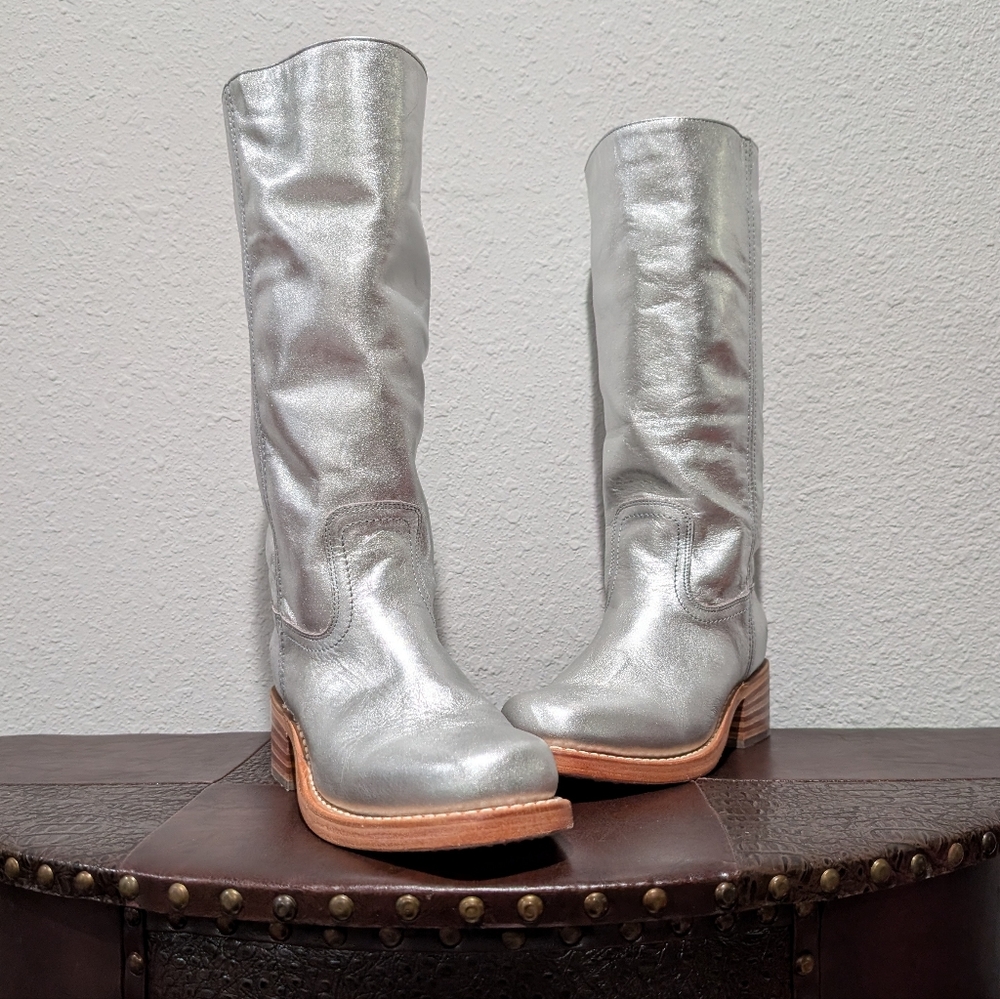 Frye Campus Silver Leather Boots Size 8.5 - Picture 12 of 16